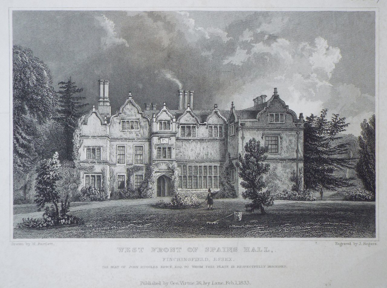 Print - West Front of Spains Hall, Finchingfield, Essex. The Seat of John Ruggles Esq. to whom this plate is respectfully inscribed. - Rogers